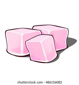 Three pink sweet edible cube isolated on a white background. Vector cartoon close-up illustration.
