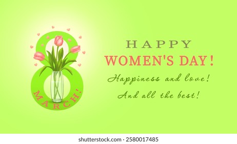 Three pink tulips in a vase on the background of the number eight with hearts and congratulations on Women's Day on March 8,happiness and love on horizontal yellow-green background.Vector illustration