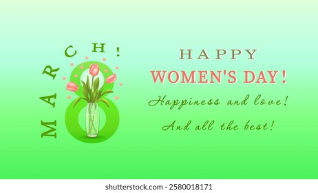 Three pink tulips in a vase on the background of the number eight with hearts and congratulations on Women's Day on March 8,happiness and love on a horizontal blue-green background.Vector illustration