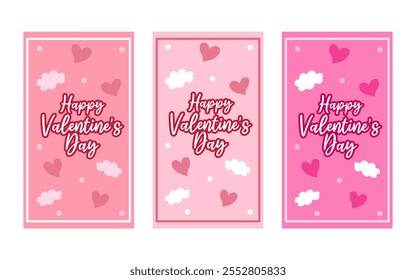 Tres tarjetas rosadas del día de San Valentín presentan corazones, nubes y saludos.