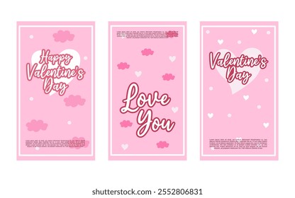 Tres tarjetas rosadas del día de San Valentín presentan texto de corazones y nubes.