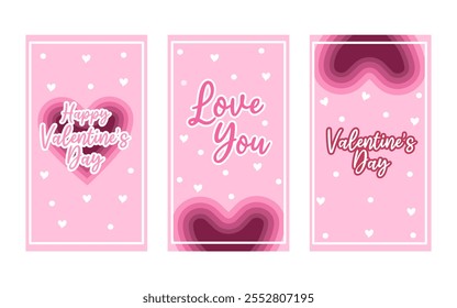 Tres tarjetas rosadas del día de San Valentín presentan texto de corazones y puntos.