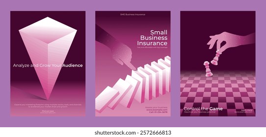 Three pink-themed posters: audience analysis, business insurance, strategic control. Features geometric shapes, domino effect, chess game. Modern, abstract design. Innovative business templates.