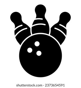 Three pins and bowling ball solid icon, bowling concept, Bowling game sign on white background, Skittles and ball icon in glyph style for mobile concept and web design. Vector graphics