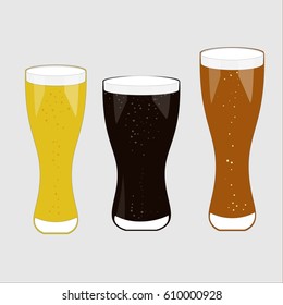 Three pints with Unfiltered different beers. Light, semi-light and dark beer. Three glasses of beer