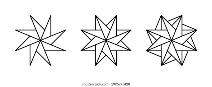 Three pinwheel shaped eight-pointed stars. Geometric patterns that create the impression of a rotation through the symmetrical arrangement of lines, similar to the curls of a spinning pinwheel. Vector