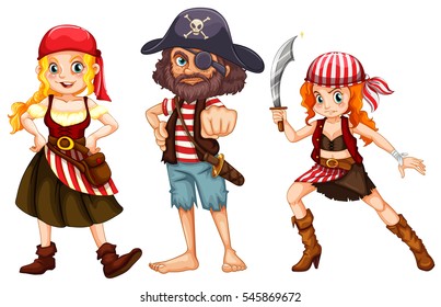 Three pirate characters white background illustration