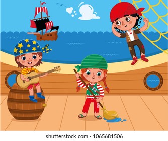 Three pirates having fun on the deck. (Vector illustration)
