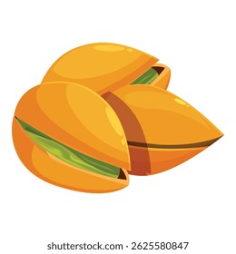 Three pistachio nuts are laying next to each other, showing the green seed inside the open shell