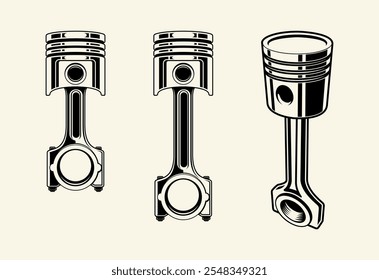 Tres pistones Ilustración vectorial de estilo monocromo aislado sobre fondo crema. Elemento de diseño para cartel, volante, tarjeta, Anuncio. Vector del pistón del motor. Ilustración vectorial de pistones de coche. 