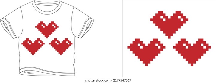 three pixal hearts t-shirt design background color is a white and t-shirt color is a white beautiful color and beautiful design