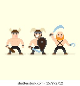 Three pixel art barbarian characters standing in different stances