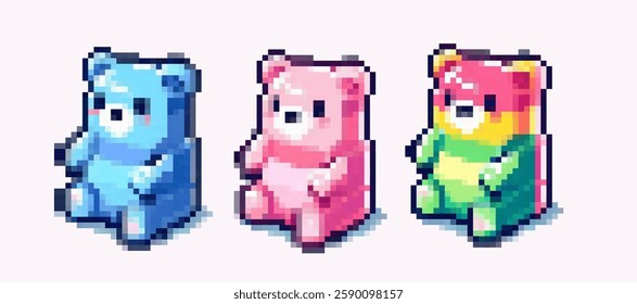 Three pixel art bears in pastel colors sit side by side. Each bear has a distinct shade, creating a cute and nostalgic visual reminiscent of retro gaming aesthetics.