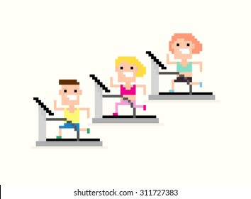 Three pixel art characters, male and female, running on the treadmill