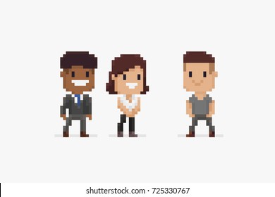 Three Pixel Art Characters, Male And Female, In Office Dress Isolated On White Background
