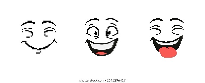 Three pixel art faces display different smiles and laughter, with one face playfully sticking out a tongue.