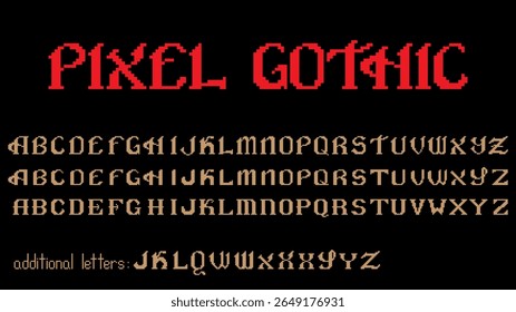 Three pixel art gothic font styles in one set. Decorative uppercase alphabets with medieval and retro design. Vector illustration.