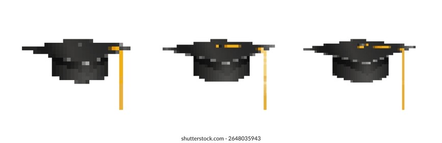Three pixel art graduation hats depicted in 8-bit retro mosaic style with tassels.