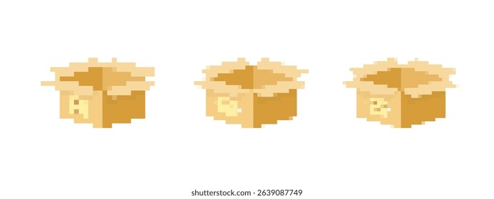 Three pixel art icons of open boxes in a simple retro style, creating a minimalist mosaic design.