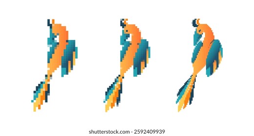 Three pixel art parrots featuring vibrant orange and green colors in distinct, unique styles.