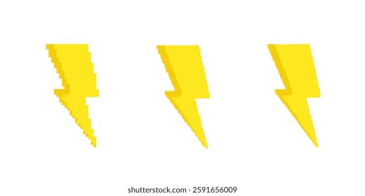 Three pixel art yellow lightning bolt symbols are arranged in clean, simple style.