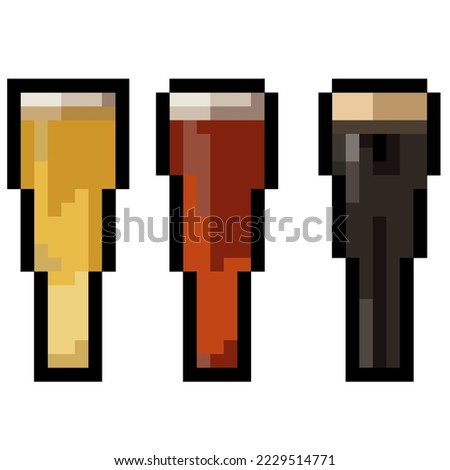 Three pixel glasses of beer for a bar. Isolated on white background. Vector illustration.