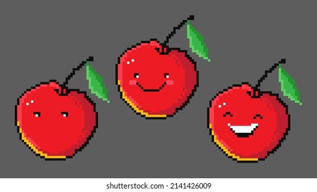 Three pixel images of apples with different emotions.