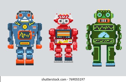 Three pixel robots isolated on a gray background