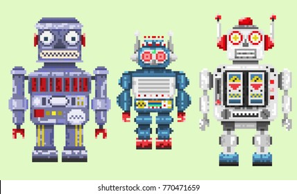 Three pixel robots isolated on a light green background.