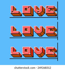 Three pixel-art logos of Love text.