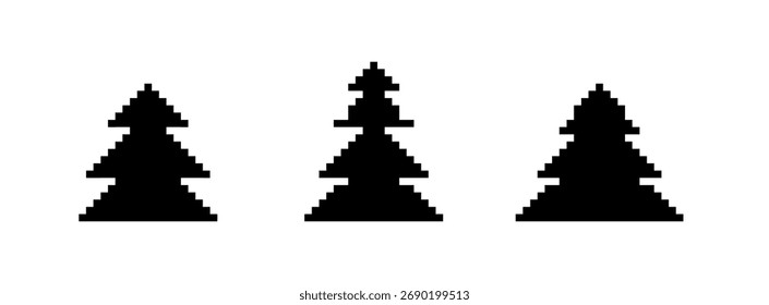 Tres árboles de hoja perenne pixelados sobre un fondo blanco