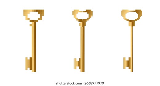 Três chaves de ouro pixeladas em um estilo de jogo retro mostram o design clássico com um charme nostálgico.