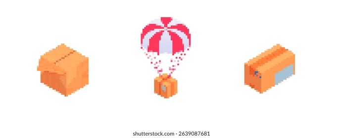 Three pixelated icons show an orange box, a parachute, and a closed package in mosaic style.
