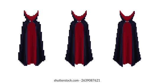 Three pixelated mosaic style capes in red and black. they showcase a retro game design and feel.