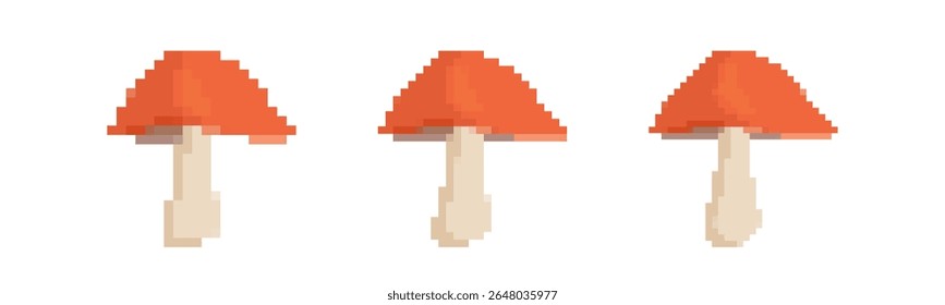 Three pixelated mushrooms with red caps and beige stems, showcasing a retro vibe in 8 bit style.