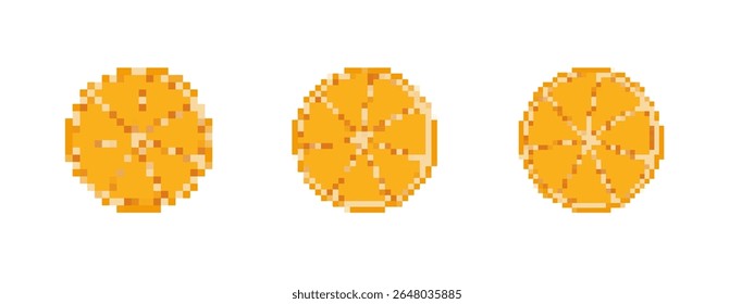 Three pixelated orange slices displayed side by side in a retro 8 bit mosaic style.