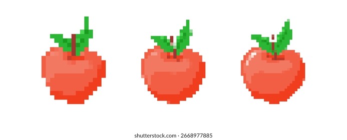 Three pixelated red apple icons with a green leaf, styled in a retro 8 bit game aesthetic.