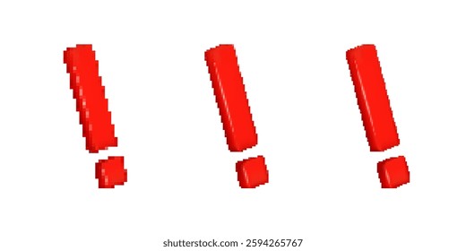 Three pixelated red exclamation marks with a glossy effect, designed in a bold digital typography style