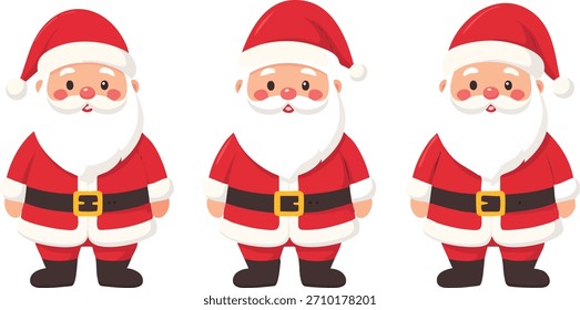 Tres Santas pixelados en trajes rojos con cinturones negros y botas de pie en una fila
