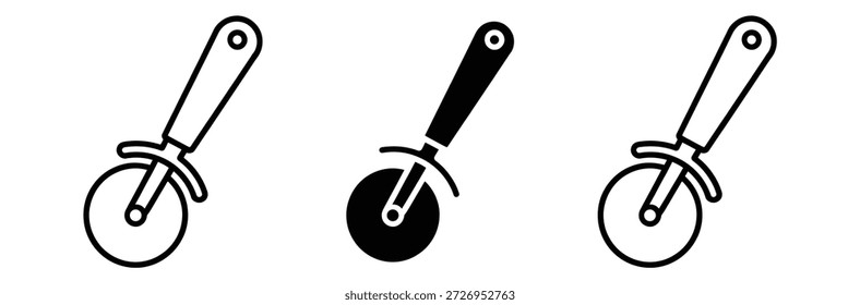 Três cortadores de pizza em estilos diferentes para várias necessidades de design, ícones de cortador de pizza símbolo vetor design simples preto branco cores ilustração estilo moderno liso isolado,