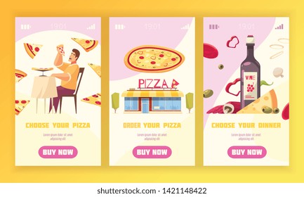 Three pizza vertical banner set with choose and order your pizza and choose your dinner descriptions vector illustration
