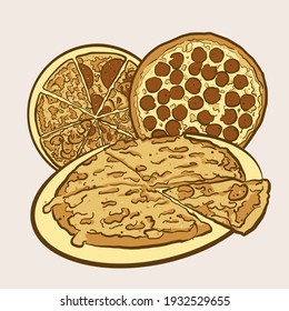 Three pizzas illustration for wall art and shirts prints