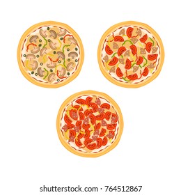 Three pizzas with tomatoes, mushrooms, sausage and peppers on the plate isolated on white background. Vector illustration