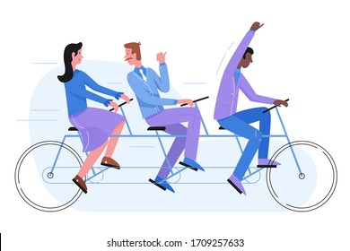 Tres lugares en el tándem de bicicleta como símbolo de trabajo en equipo de carácter plano ilustración vectorial. La gente monta en bicicleta, el líder trabaja duro, otros dos miembros del equipo discuten algo. Concepto de distribución de trabajo de comandos