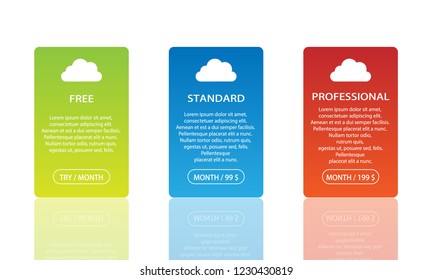 Three plan licence variation cards with reflection.  Vector infographic.