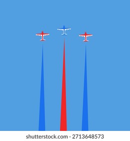 Three planes flying high up in the blue sky, with blue and red smoke coming out from the tail of the airplane vector illustration design. Perfect for posters, social media posts and graphics resource 