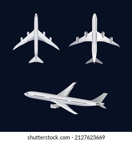 Three planes on a dark blue background, from three angles: top, bottom, side