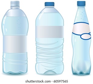 Three Plastic Bottle Of Water. Isolated On White. Empty Label. Vector