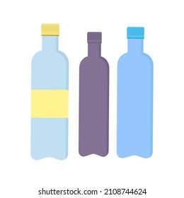 Three plastic bottles of different colors on a white background. Vector isolated image for use in clipart