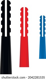 three plastic concrete expansion Anchors assorted black, red and blue 